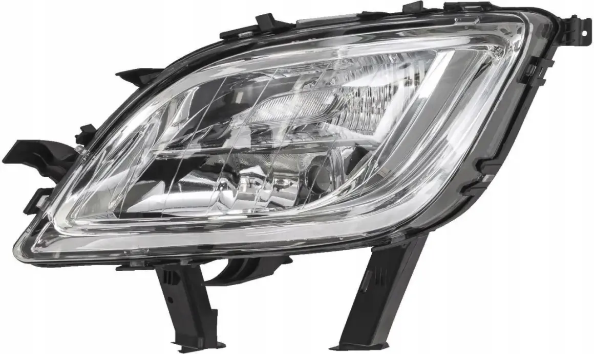 Przednia lampa Opel Astra J, z przezroczystym kloszem i czarną obudową, gotowa do montażu.